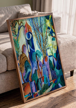Otono by Carlos Enrique Gozalo Ara in a walnut frame leaning against a grey sofa