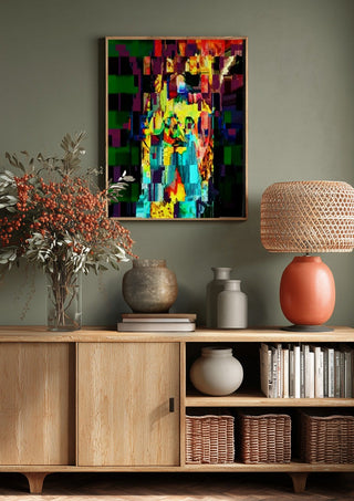 Zeus by Carlos Enrique Gozalo Ara above a wooden sideboard on a sage green wall
