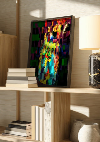 Zeus by Carlos Enrique Gozalo Ara in a dark frame on a wooden shelf beside books and a lamp
