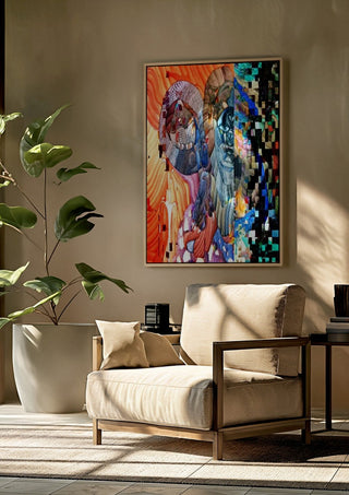 Draco by Carlos Enrique Gozalo Ara framed above a beige armchair beside a potted plant