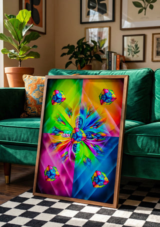 Game of Dice - Dreams Come True by Walter Zettl in a wooden frame leaning against a green velvet sofa on a chequered floor