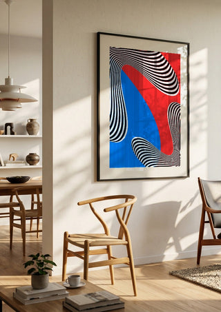 Stripes by Aleksi Allan in a black frame in a bright dining room with wooden chairs