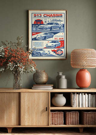Nissan S13 Chassis by Kaminarirace above a wooden sideboard on a sage green wall