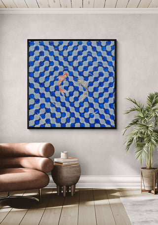 Pool by Zhan Snow in a black frame on a pale wall above a tan leather chair and a potted palm