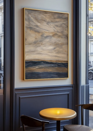 Whispers of Silence by Maya in an oak frame on a panelled café wall
