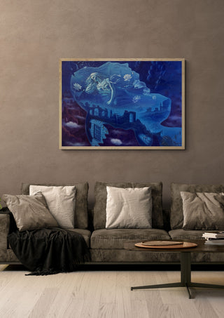 Genom den blå tystnaden by Ramz Gadzh in a pale wooden frame above a grey sofa with cushions