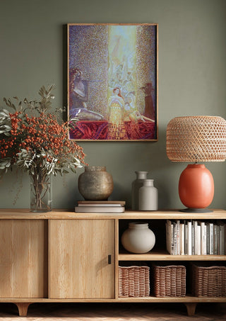 Women and Men by Ramz Gadzh above a wooden sideboard on a sage green wall