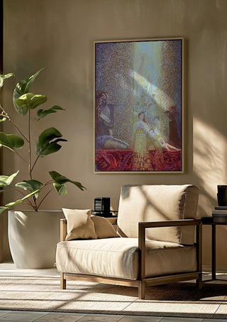 Women and Men by Ramz Gadzh framed above a beige armchair beside a potted plant