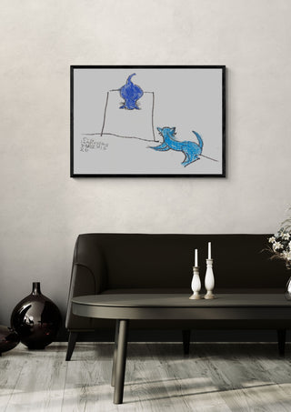 Two Blue Cats by Eva Hartman in a black frame above a dark sofa with candlesticks