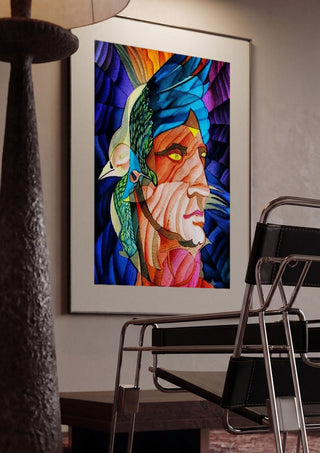 Adonis by Carlos Enrique Gozalo Ara framed in a dim room beside a tubular steel chair