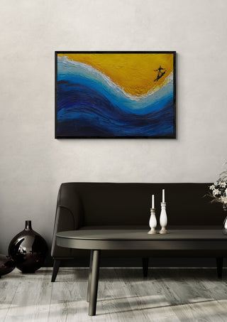 Surfing by GAHO in a black frame above a dark sofa with candlesticks