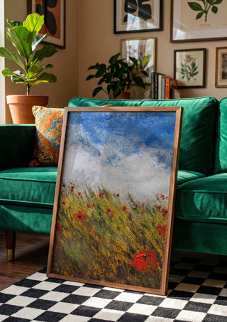 Coquelicots by GAHO in a wooden frame leaning against a green velvet sofa on a chequered floor