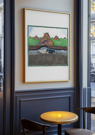 The Reading Mole by Waldemar Mandzel in an oak frame on a panelled café wall