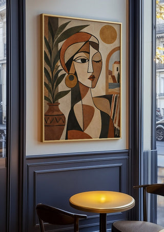 Mediterranean Cubist Woman by TimlessArtworks in an oak frame on a panelled cafe wall
