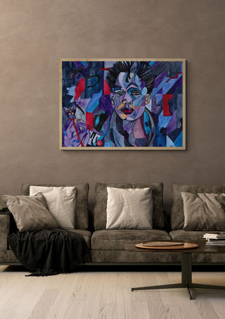 Ich kenne dich by Vera Louise Boldt in an oak frame above a grey sofa with cushions