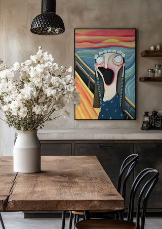 Der letzte Schrei by lacaluna in a black frame above a rustic table with white flowers