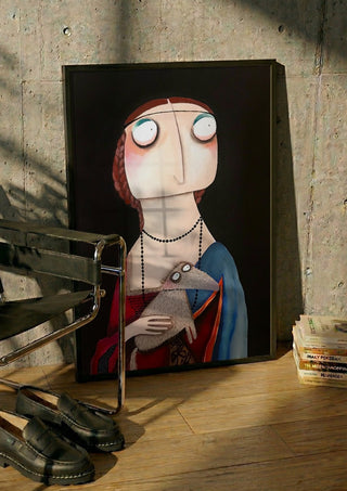 Die Dame mit dem Hermelin by lacaluna in a black frame leaning against a concrete wall by a steel chair