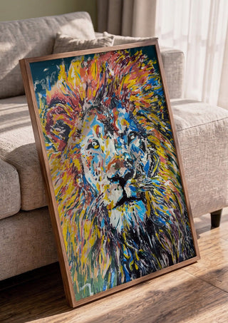 Soul of a Lion by Bibi in a walnut frame leaning against a grey sofa