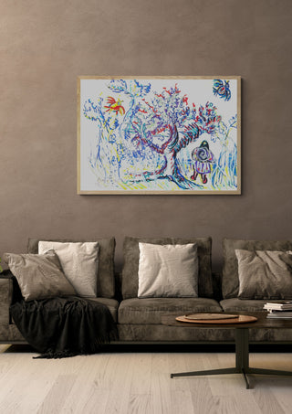 Under the Tree by Eva Hartman in an oak frame above a grey sofa with cushions