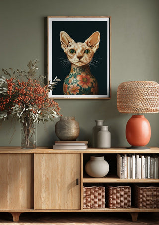 Tattooed Sphynx by Nari above a wooden sideboard on a sage green wall