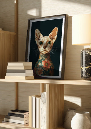 Tattooed Sphynx by Nari in a dark frame on a wooden shelf beside books and a lamp