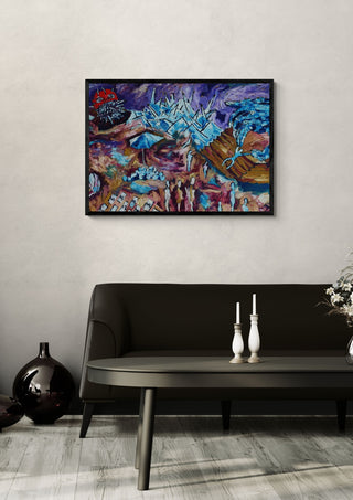 To the ends of the world by Will Black in a black frame above a dark sofa with white candlesticks