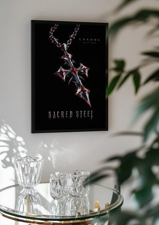 Sacred Steel by Melancholy Machinations in a black frame above a glass table with crystal glassware