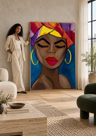 Crowned in color by Bibi leaning against a sunlit living room wall beside a woman