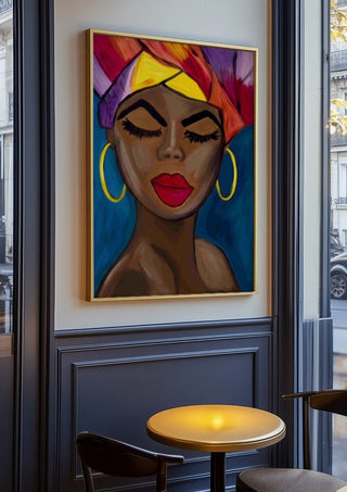 Crowned in color by Bibi in an oak frame on a panelled cafe wall