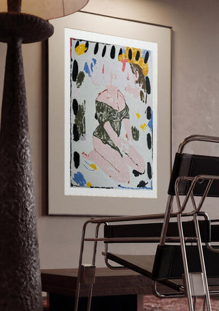 VISA OWNS MY EYES by Oscar Birch framed in a dim room beside a tubular steel chair