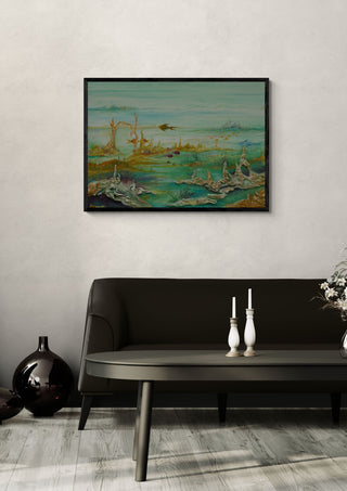 UnderWaterWorld by Eledina in a black frame above a dark sofa with white candlesticks
