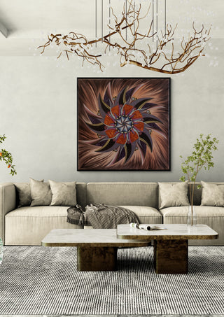 WarriorPower by Eledina in a black frame above a beige sofa under a branch chandelier