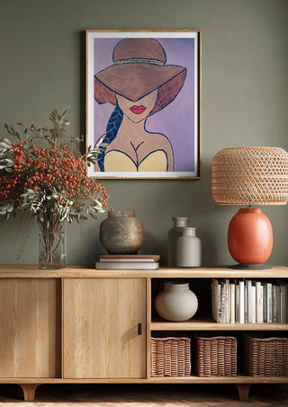 Shaded Allure by Bibi above a wooden sideboard on a sage green wall