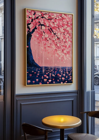 Cherry Blossom over Water by Yokohama in an oak frame on a panelled café wall