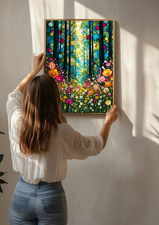 Stained Glass Forest by Yokohama being hung on a sunlit wall