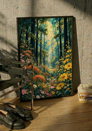 Golden Forest Light by Yokohama in a black frame leaning against a concrete wall by a steel chair