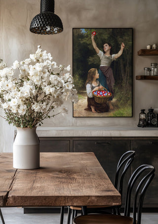 Picking Up Likes by Dikhotomy in a black frame above a rustic table with white flowers