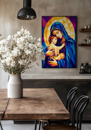 Virgin Mary and Baby Jesus by nyai in a black frame above a rustic table with white flowers