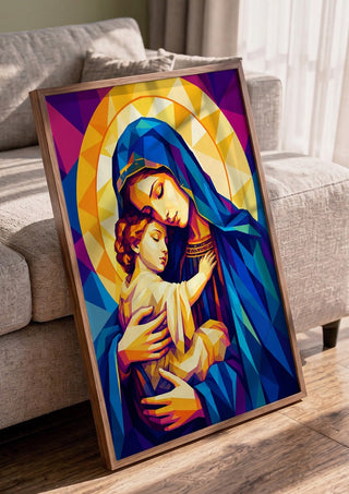 Virgin Mary and Baby Jesus by nyai in a walnut frame leaning against a grey sofa