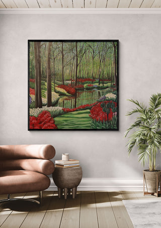 Spring by Dina in a black frame above a pink armchair beside a palm