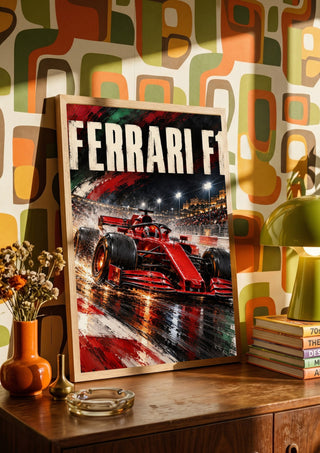 Ferrari F1 by Danii Steinfeldt in a wooden frame on a sideboard against retro patterned wallpaper