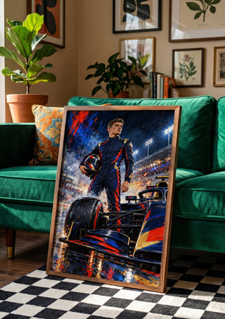 Max Verstappen F1 by Danii Steinfeldt in a wooden frame beside a green velvet sofa on a chequered floor