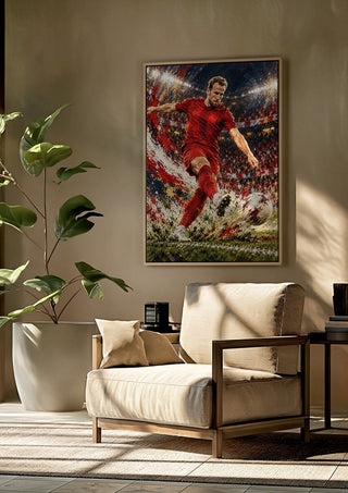 Harry Kane by Danii Steinfeldt framed above a beige armchair beside a potted plant