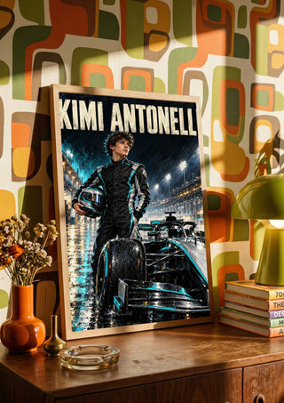 Kimi Antonelli by Danii Steinfeldt in a wooden frame on a sideboard against retro patterned wallpaper