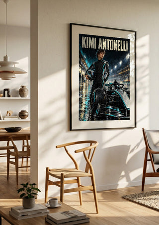 Kimi Antonelli by Danii Steinfeldt in a black frame in a bright dining room with wooden chairs