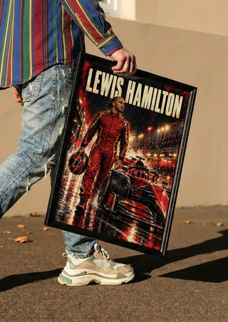 Lewis Hamilton by Danii Steinfeldt carried in a black frame along a sunny street