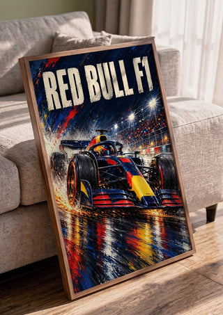 Red Bull F1 by Danii Steinfeldt in a walnut frame leaning against a grey sofa