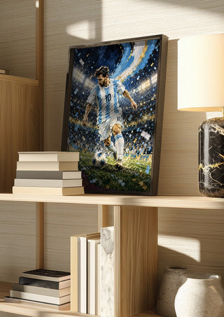 Lionel Messi by Danii Steinfeldt in a dark frame on a wooden shelf beside books and a lamp