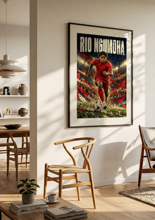 Rio Ngumoha by Danii Steinfeldt in a black frame in a bright dining room with wooden chairs