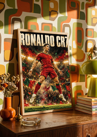 Ronaldo CR7 by Danii Steinfeldt in a wooden frame on a sideboard against retro patterned wallpaper